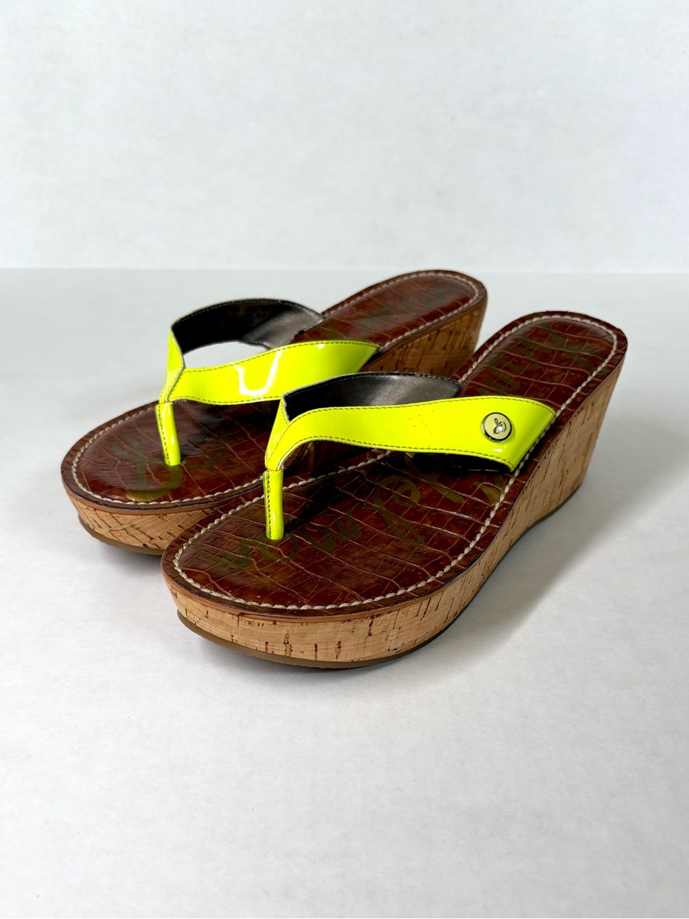 Sam Edelman Romy Croc Print Cork Wedge Thong Sandal US 7.5M Yellow